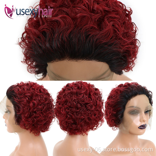 Cheap pixie short curly bob 99J burgundy raw indian virgin human wig 13x1 frontal curls short wigs pixie cut human hair wig
